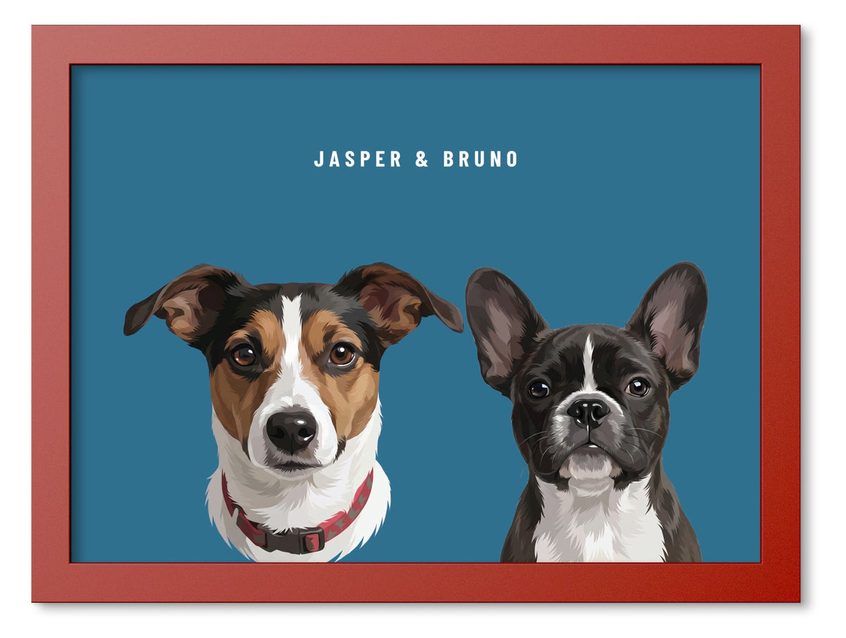 Custom Two Pet Portrait Coloured Frame Print (Red): Jasper the Jack Russell Terrier & Bruno the French Bulldog on a Ocean background. [ks Frame Colour=Red; Background=Ocean]