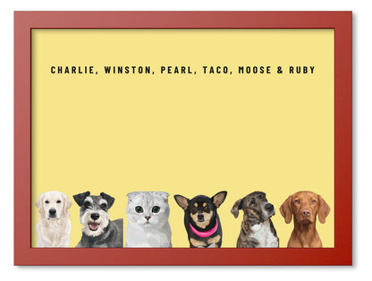 Custom Six Pet Portrait Coloured Frame Print (Red): Charlie the Golden Retriever & Winston the Miniature Schnauzer & Pearl the Scottish Fold cat & Taco the Chihuahua & Moose the mixed-breed dog & Ruby the Vizsla on a Lemon background. [ks Frame Colour=Red; Background=Lemon]