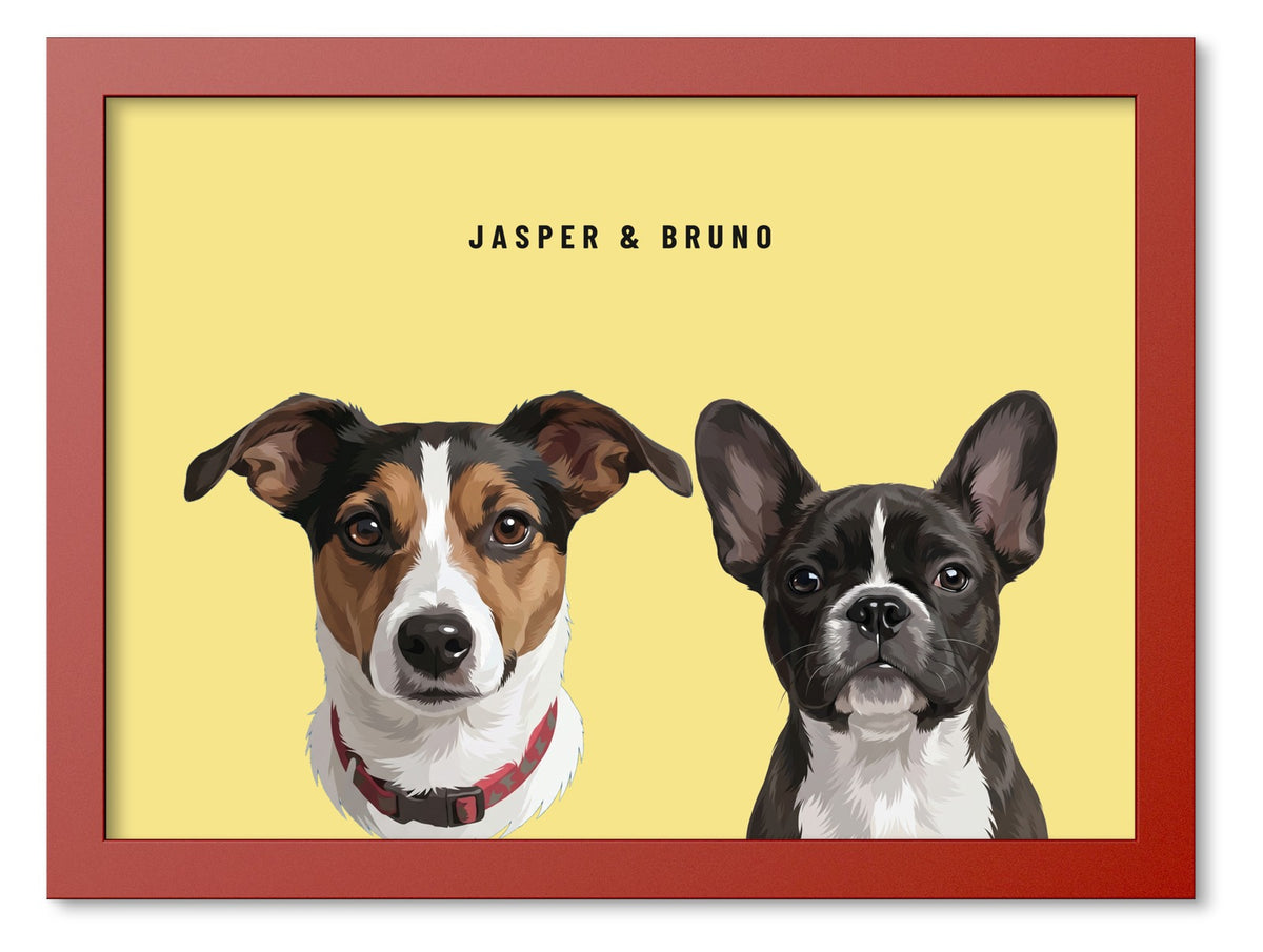 Custom Two Pet Portrait Coloured Frame Print (Red): Jasper the Jack Russell Terrier & Bruno the French Bulldog on a Lemon background. [ks Frame Colour=Red; Background=Lemon]