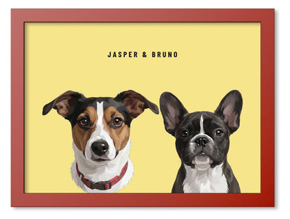 Custom Two Pet Portrait Coloured Frame Print (Red): Jasper the Jack Russell Terrier & Bruno the French Bulldog on a Lemon background. [ks Frame Colour=Red; Background=Lemon]