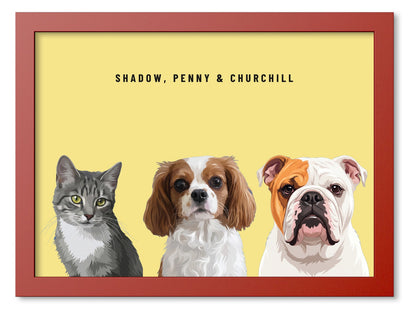 Custom Three Pet Portrait Coloured Frame Print (Red): Shadow the grey tabby cat & Penny the Cavalier King Charles Spaniel & Churchill the English Bulldog on a Lemon background. [ks Frame Colour=Red; Background=Lemon]