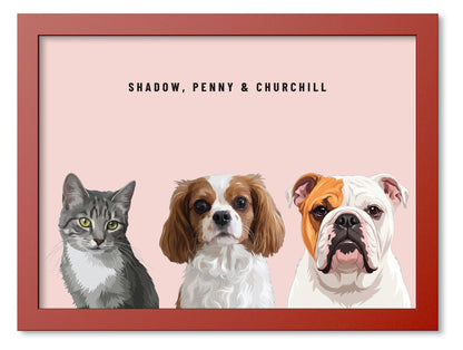 Custom Three Pet Portrait Coloured Frame Print (Red): Shadow the grey tabby cat & Penny the Cavalier King Charles Spaniel & Churchill the English Bulldog on a Blush background. [ks Frame Colour=Red; Background=Blush]