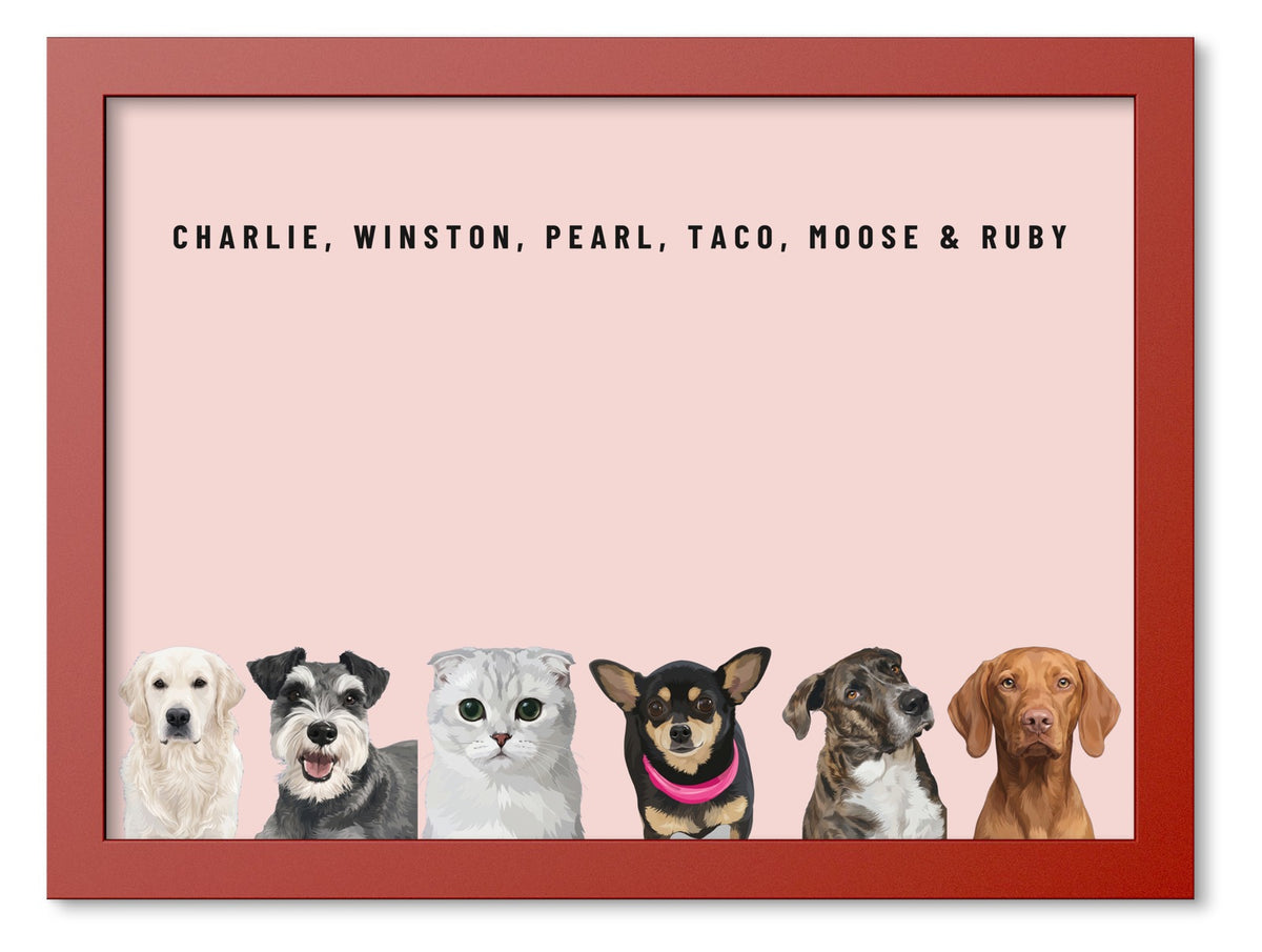 Custom Six Pet Portrait Coloured Frame Print (Red): Charlie the Golden Retriever & Winston the Miniature Schnauzer & Pearl the Scottish Fold cat & Taco the Chihuahua & Moose the mixed-breed dog & Ruby the Vizsla on a Blush background. [ks Frame Colour=Red; Background=Blush]