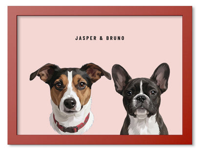 Custom Two Pet Portrait Coloured Frame Print (Red): Jasper the Jack Russell Terrier & Bruno the French Bulldog on a Blush background. [ks Frame Colour=Red; Background=Blush]