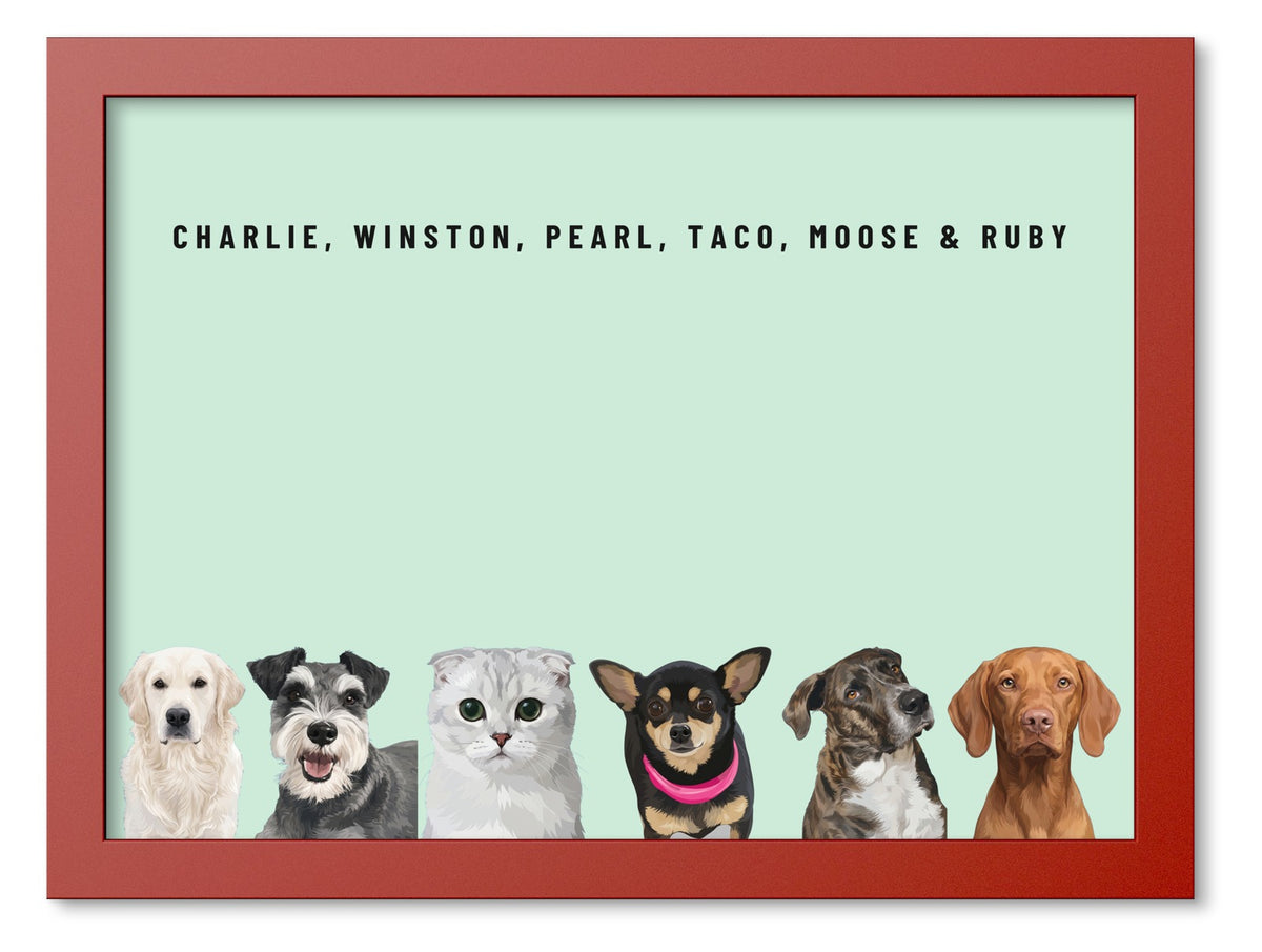 Custom Six Pet Portrait Coloured Frame Print (Red): Charlie the Golden Retriever & Winston the Miniature Schnauzer & Pearl the Scottish Fold cat & Taco the Chihuahua & Moose the mixed-breed dog & Ruby the Vizsla on a Mint background. [ks Frame Colour=Red; Background=Mint]
