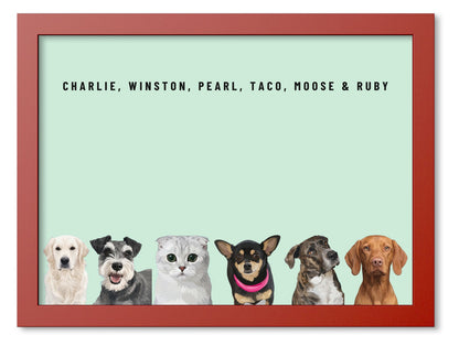 Custom Six Pet Portrait Coloured Frame Print (Red): Charlie the Golden Retriever & Winston the Miniature Schnauzer & Pearl the Scottish Fold cat & Taco the Chihuahua & Moose the mixed-breed dog & Ruby the Vizsla on a Mint background. [ks Frame Colour=Red; Background=Mint]