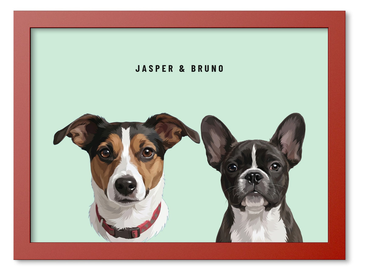 Custom Two Pet Portrait Coloured Frame Print (Red): Jasper the Jack Russell Terrier & Bruno the French Bulldog on a Mint background. [ks Frame Colour=Red; Background=Mint]