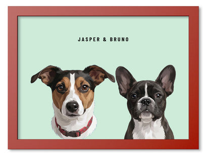 Custom Two Pet Portrait Coloured Frame Print (Red): Jasper the Jack Russell Terrier & Bruno the French Bulldog on a Mint background. [ks Frame Colour=Red; Background=Mint]