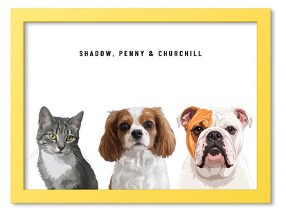 Custom Three Pet Portrait Coloured Frame Print (Yellow): Shadow the grey tabby cat & Penny the Cavalier King Charles Spaniel & Churchill the English Bulldog on a White background. [ks Frame Colour=Yellow; Background=White]