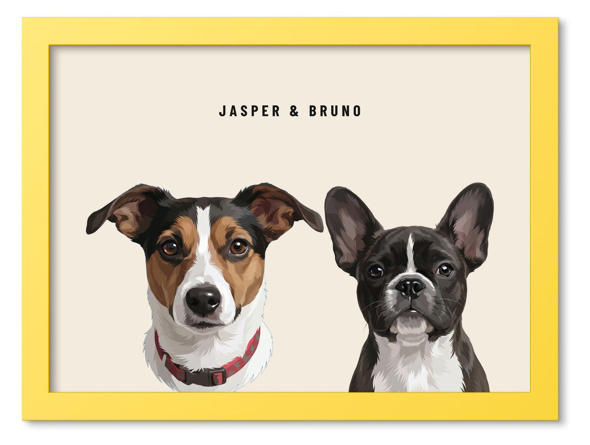 Custom Two Pet Portrait Coloured Frame Print (Yellow): Jasper the Jack Russell Terrier & Bruno the French Bulldog on a Cream background. [ks Frame Colour=Yellow; Background=Cream]