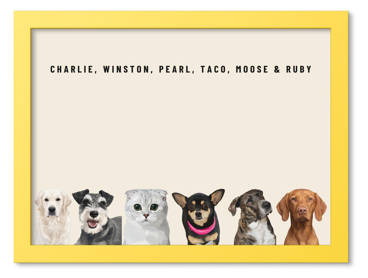 Custom Six Pet Portrait Coloured Frame Print (Yellow): Charlie the Golden Retriever & Winston the Miniature Schnauzer & Pearl the Scottish Fold cat & Taco the Chihuahua & Moose the mixed-breed dog & Ruby the Vizsla on a Cream background. [ks Frame Colour=Yellow; Background=Cream]