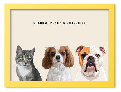 Custom Three Pet Portrait Coloured Frame Print (Yellow): Shadow the grey tabby cat & Penny the Cavalier King Charles Spaniel & Churchill the English Bulldog on a Cream background. [ks Frame Colour=Yellow; Background=Cream]