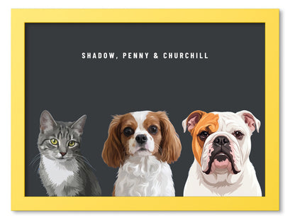 Custom Three Pet Portrait Coloured Frame Print (Yellow): Shadow the grey tabby cat & Penny the Cavalier King Charles Spaniel & Churchill the English Bulldog on a Charcoal background. [ks Frame Colour=Yellow; Background=Charcoal]