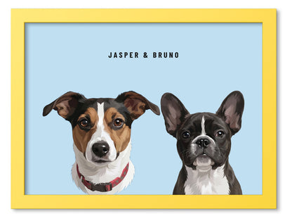 Custom Two Pet Portrait Coloured Frame Print (Yellow): Jasper the Jack Russell Terrier & Bruno the French Bulldog on a Sky background. [ks Frame Colour=Yellow; Background=Sky]