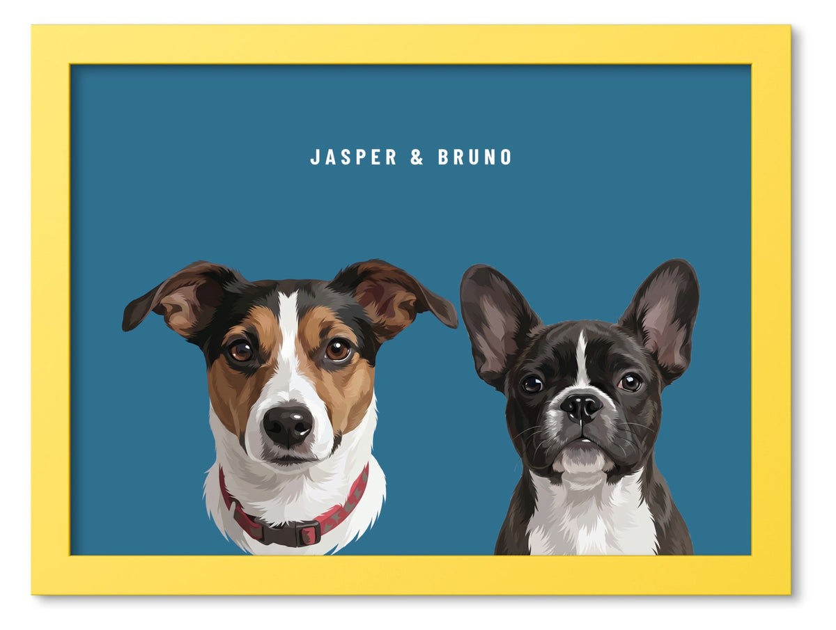 Custom Two Pet Portrait Coloured Frame Print (Yellow): Jasper the Jack Russell Terrier & Bruno the French Bulldog on a Ocean background. [ks Frame Colour=Yellow; Background=Ocean]