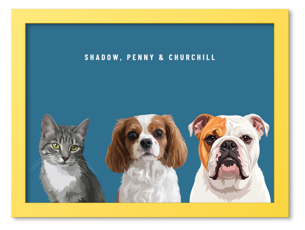 Custom Three Pet Portrait Coloured Frame Print (Yellow): Shadow the grey tabby cat & Penny the Cavalier King Charles Spaniel & Churchill the English Bulldog on a Ocean background. [ks Frame Colour=Yellow; Background=Ocean]