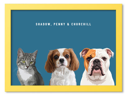 Custom Three Pet Portrait Coloured Frame Print (Yellow): Shadow the grey tabby cat & Penny the Cavalier King Charles Spaniel & Churchill the English Bulldog on a Ocean background. [ks Frame Colour=Yellow; Background=Ocean]