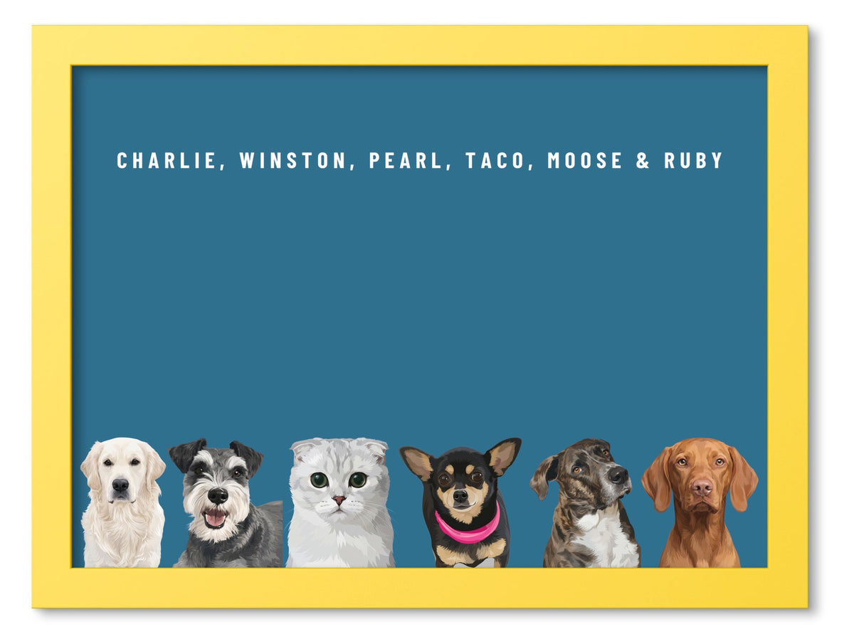 Custom Six Pet Portrait Coloured Frame Print (Yellow): Charlie the Golden Retriever & Winston the Miniature Schnauzer & Pearl the Scottish Fold cat & Taco the Chihuahua & Moose the mixed-breed dog & Ruby the Vizsla on a Ocean background. [ks Frame Colour=Yellow; Background=Ocean]