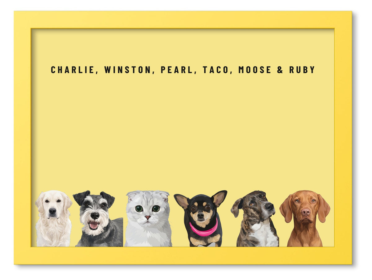 Custom Six Pet Portrait Coloured Frame Print (Yellow): Charlie the Golden Retriever & Winston the Miniature Schnauzer & Pearl the Scottish Fold cat & Taco the Chihuahua & Moose the mixed-breed dog & Ruby the Vizsla on a Lemon background. [ks Frame Colour=Yellow; Background=Lemon]