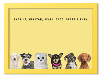 Custom Six Pet Portrait Coloured Frame Print (Yellow): Charlie the Golden Retriever & Winston the Miniature Schnauzer & Pearl the Scottish Fold cat & Taco the Chihuahua & Moose the mixed-breed dog & Ruby the Vizsla on a Lemon background. [ks Frame Colour=Yellow; Background=Lemon]