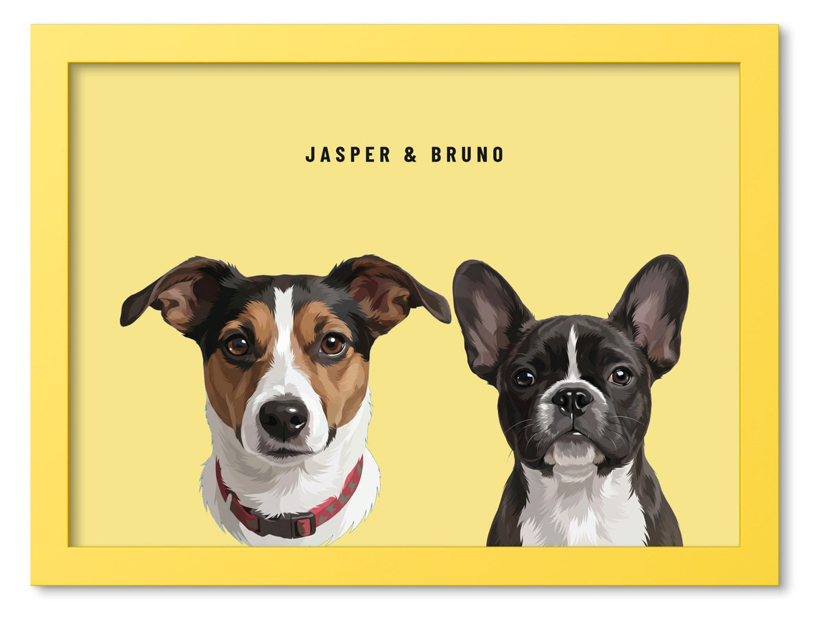 Custom Two Pet Portrait Coloured Frame Print (Yellow): Jasper the Jack Russell Terrier & Bruno the French Bulldog on a Lemon background. [ks Frame Colour=Yellow; Background=Lemon]