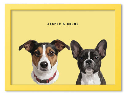 Custom Two Pet Portrait Coloured Frame Print (Yellow): Jasper the Jack Russell Terrier & Bruno the French Bulldog on a Lemon background. [ks Frame Colour=Yellow; Background=Lemon]