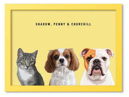 Custom Three Pet Portrait Coloured Frame Print (Yellow): Shadow the grey tabby cat & Penny the Cavalier King Charles Spaniel & Churchill the English Bulldog on a Lemon background. [ks Frame Colour=Yellow; Background=Lemon]