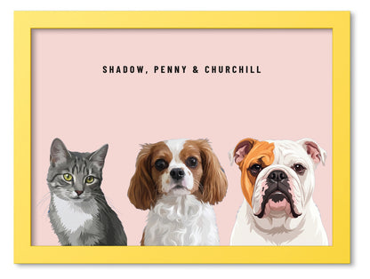 Custom Three Pet Portrait Coloured Frame Print (Yellow): Shadow the grey tabby cat & Penny the Cavalier King Charles Spaniel & Churchill the English Bulldog on a Blush background. [ks Frame Colour=Yellow; Background=Blush]