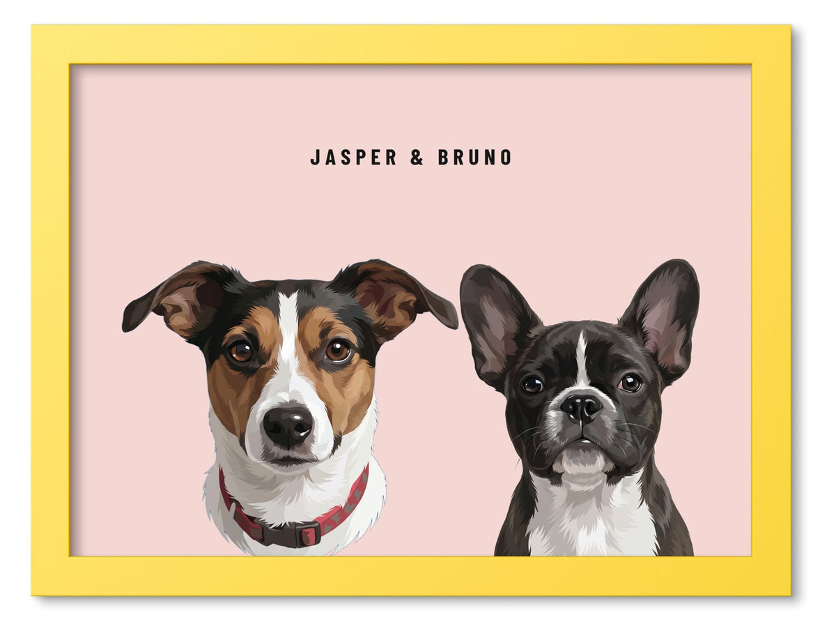 Custom Two Pet Portrait Coloured Frame Print (Yellow): Jasper the Jack Russell Terrier & Bruno the French Bulldog on a Blush background. [ks Frame Colour=Yellow; Background=Blush]