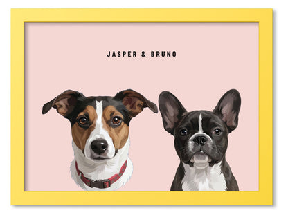 Custom Two Pet Portrait Coloured Frame Print (Yellow): Jasper the Jack Russell Terrier & Bruno the French Bulldog on a Blush background. [ks Frame Colour=Yellow; Background=Blush]