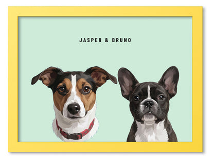 Custom Two Pet Portrait Coloured Frame Print (Yellow): Jasper the Jack Russell Terrier & Bruno the French Bulldog on a Mint background. [ks Frame Colour=Yellow; Background=Mint]