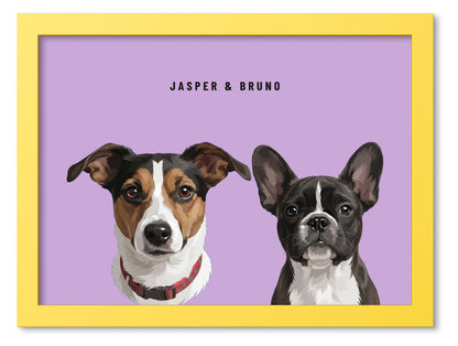Custom Two Pet Portrait Coloured Frame Print (Yellow): Jasper the Jack Russell Terrier & Bruno the French Bulldog on a Orchid background. [ks Frame Colour=Yellow; Background=Orchid]