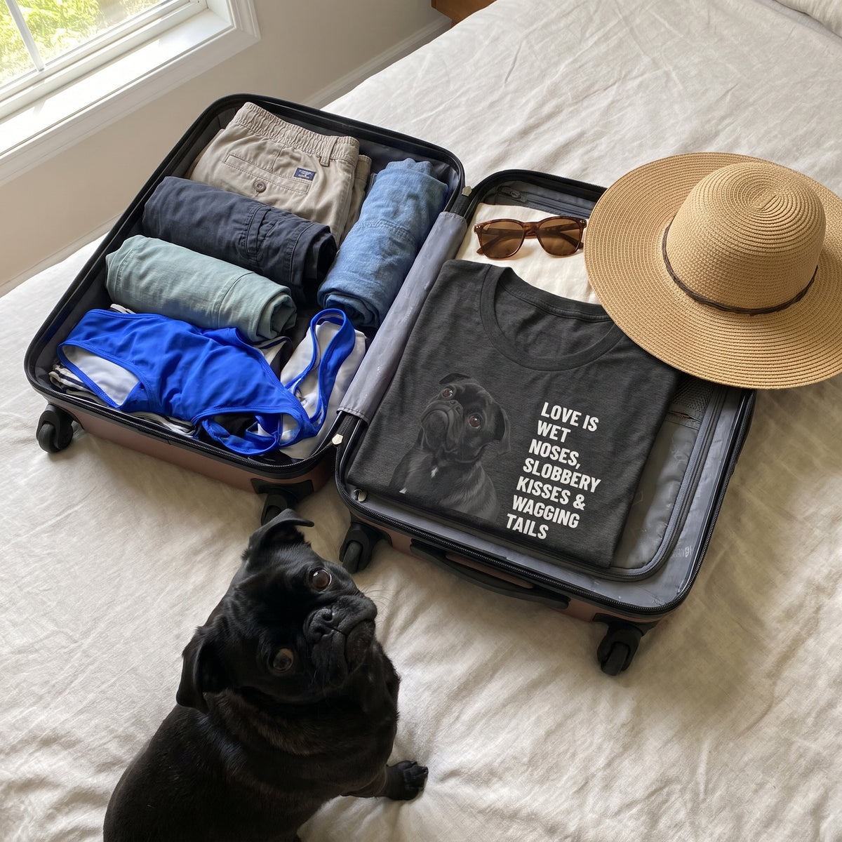 A custom pet t-shirt (Dark Grey Heather) printed with "Love Is Wet Noses, Slobbery Kisses & Wagging Tails" and an illustration of Salem the Pug, at the packed suitcase, with Salem nearby. [ks Colour=Dark Grey Heather; kind=lifestyle]