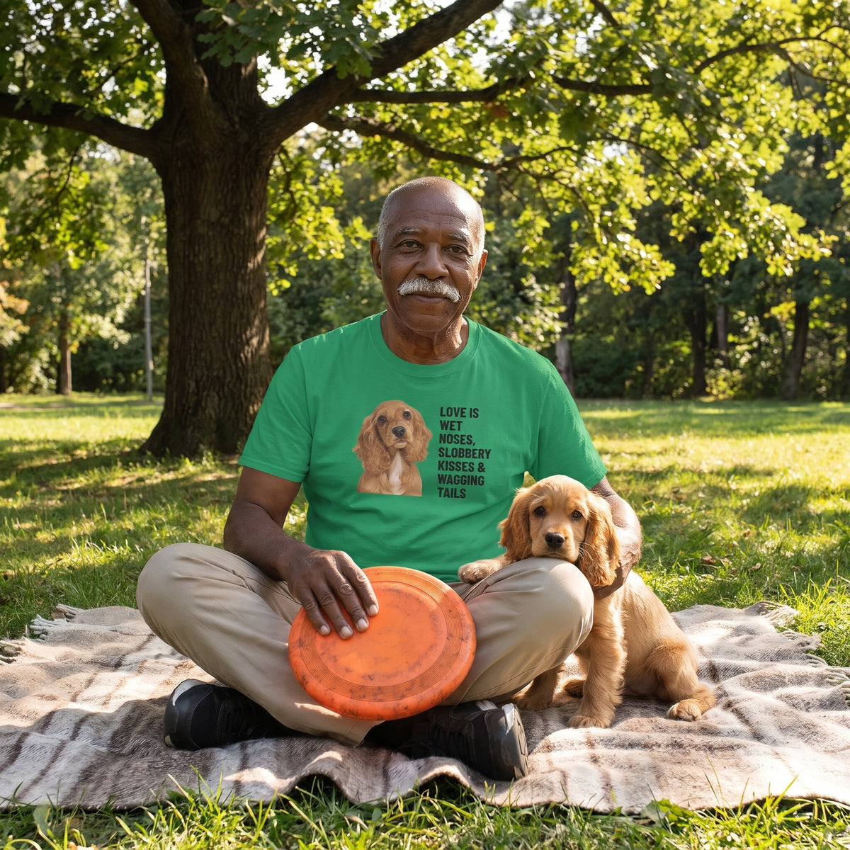 A Black man in his 70s with a white moustache wearing a custom pet t-shirt (Kelly) printed with "Love Is Wet Noses, Slobbery Kisses & Wagging Tails" and an illustration of Honey the English Cocker Spaniel, with Honey beside them. [ks Colour=Kelly; kind=lifestyle]