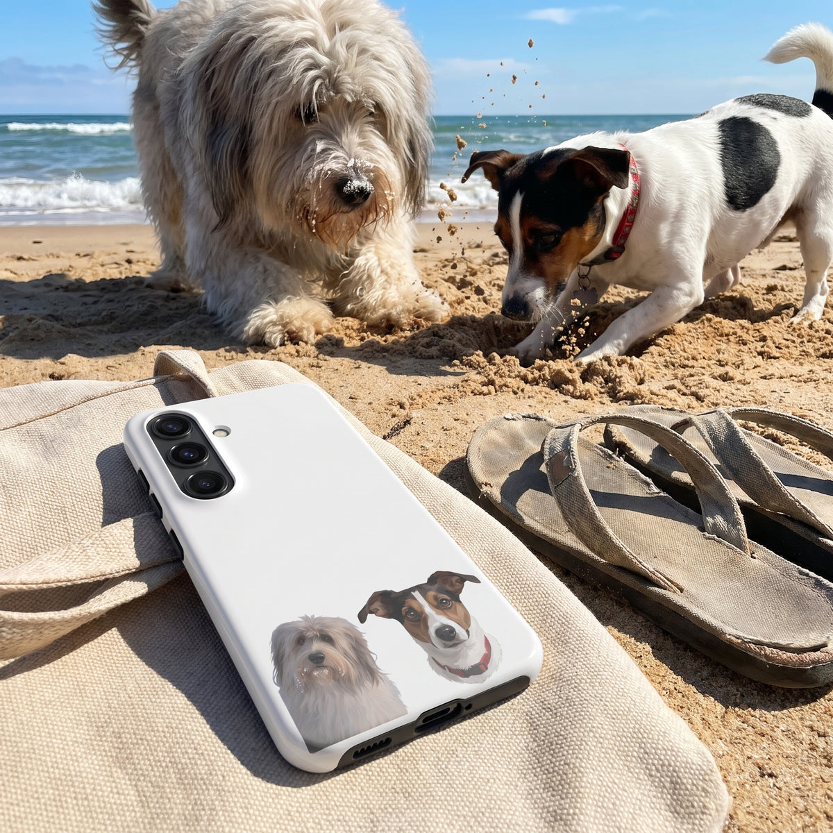 A custom pet Galaxy phone case (Snap Glossy) featuring an illustration of Gandalf the Sheepdog & Jasper the Jack Russell Terrier, at the beach bag on sand, with Gandalf & Jasper nearby. [ks Style=Snap Glossy; kind=lifestyle]