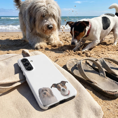 A custom pet Galaxy phone case (Snap Glossy) featuring an illustration of Gandalf the Sheepdog & Jasper the Jack Russell Terrier, at the beach bag on sand, with Gandalf & Jasper nearby. [ks Style=Snap Glossy; kind=lifestyle]