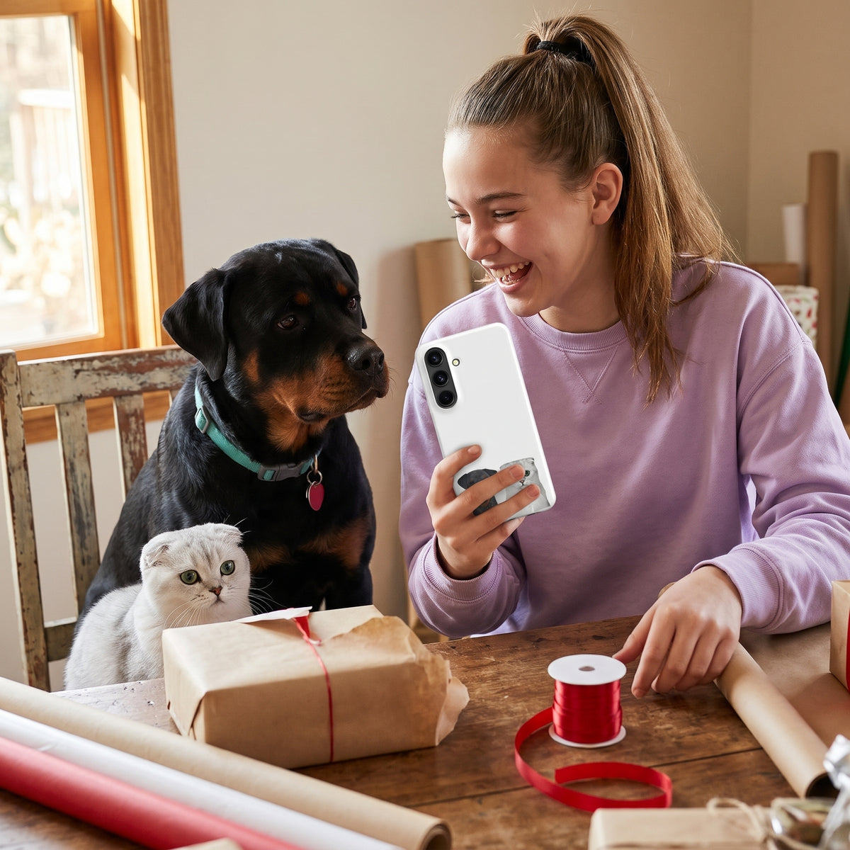 A teenage girl with a high ponytail in a lilac sweatshirt with a custom pet Galaxy phone case (Snap Glossy) featuring an illustration of Thor the Rottweiler & Pearl the Scottish Fold cat, with Thor & Pearl beside them. [ks Style=Snap Glossy; kind=lifestyle]