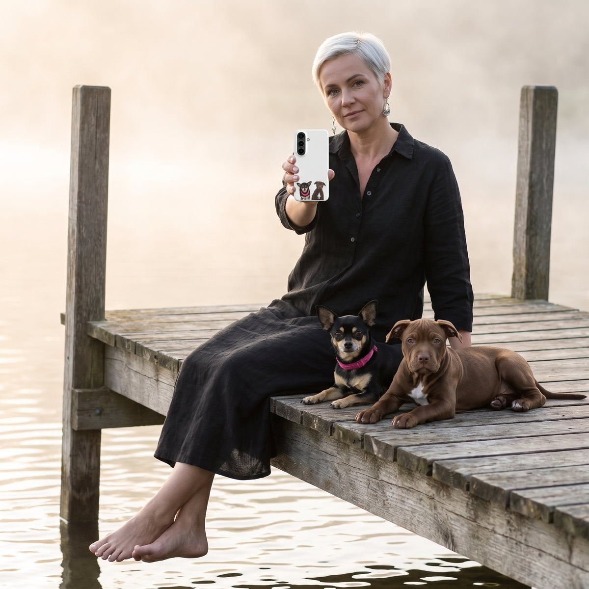 A woman in her 40s with short platinum hair and silver earrings in a black linen dress with a custom pet Galaxy phone case (Snap Matte) featuring an illustration of Taco the Chihuahua & Hershey the Pit Bull, with Taco & Hershey beside them. [ks Style=Snap Matte; kind=lifestyle]