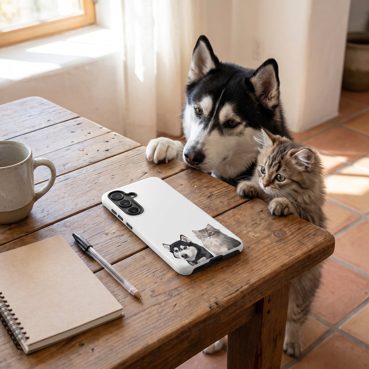 A custom pet Galaxy phone case (Tough Matte) featuring an illustration of Koda the Siberian Husky & Biscuit the tabby kitten, in a desert-modern home with white plaster walls and terracotta tiles, with Koda & Biscuit nearby. [ks Style=Tough Matte; kind=lifestyle]