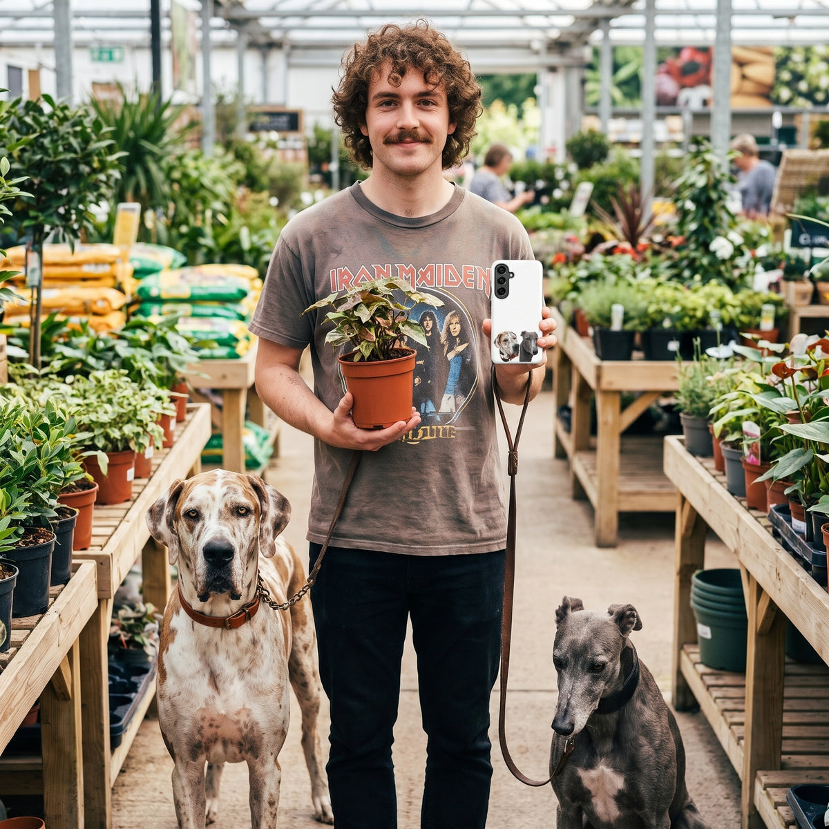 A man in his 20s with curly brown hair and a moustache in a vintage band t-shirt with a custom pet Galaxy phone case (Tough Matte) featuring an illustration of Freckles the Great Dane & Ash the Greyhound, with Freckles & Ash beside them. [ks Style=Tough Matte; kind=lifestyle]