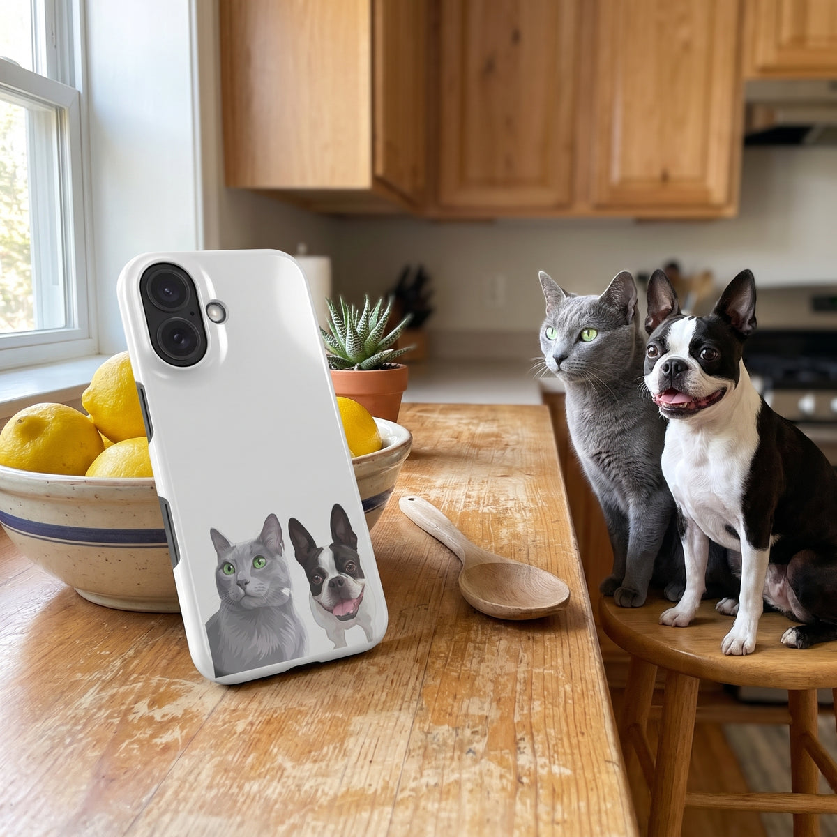 A custom pet snap iPhone case (Glossy) featuring an illustration of Jade the Russian Blue cat & Ziggy the Boston Terrier, at the kitchen counter, with Jade & Ziggy nearby. [ks Finish=Glossy; kind=lifestyle]