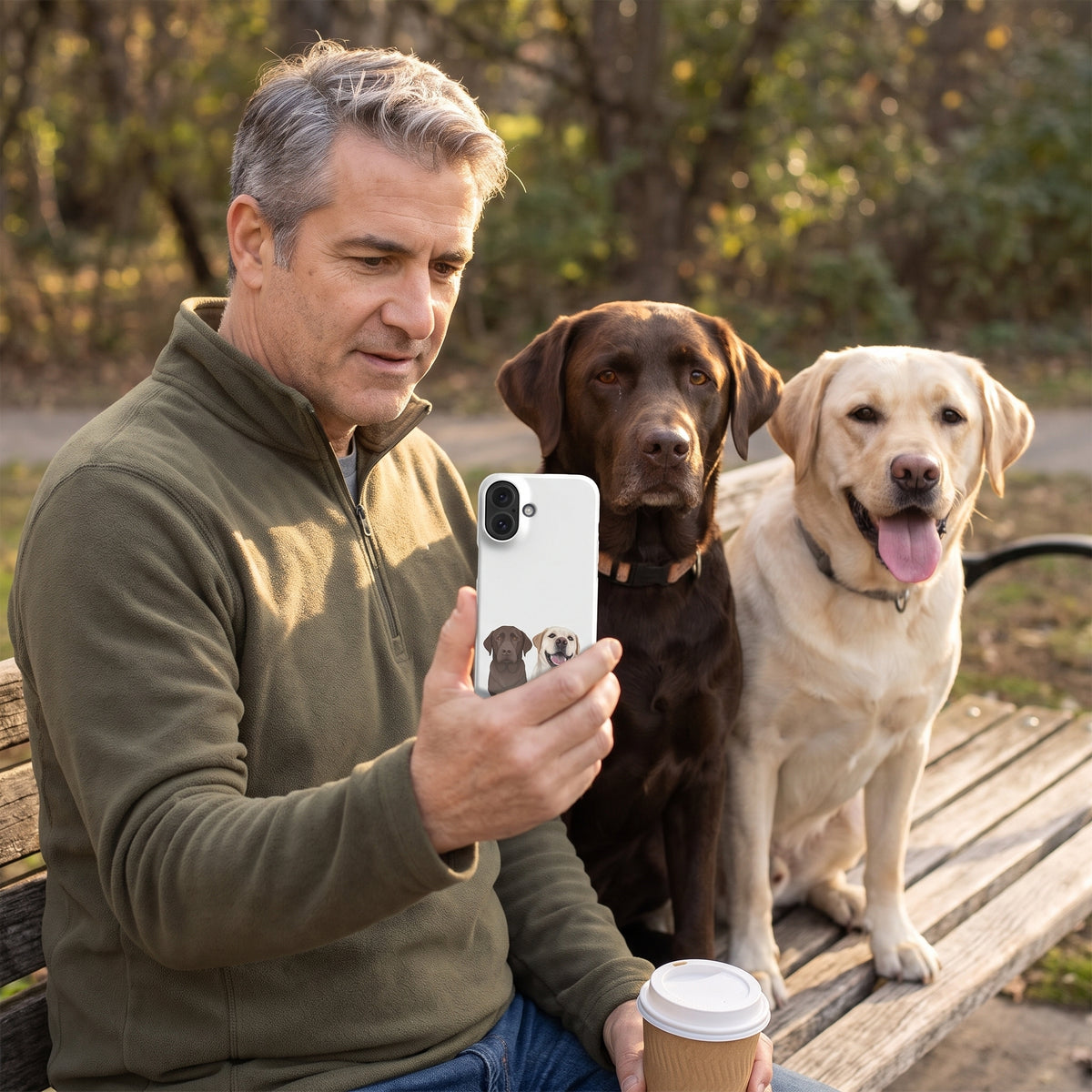 A man in his 50s with salt-and-pepper hair in an olive quarter-zip with a custom pet snap iPhone case (Glossy) featuring an illustration of Cocoa the chocolate Labrador & Sunny the Labrador Retriever, with Cocoa & Sunny beside them. [ks Finish=Glossy; kind=lifestyle]
