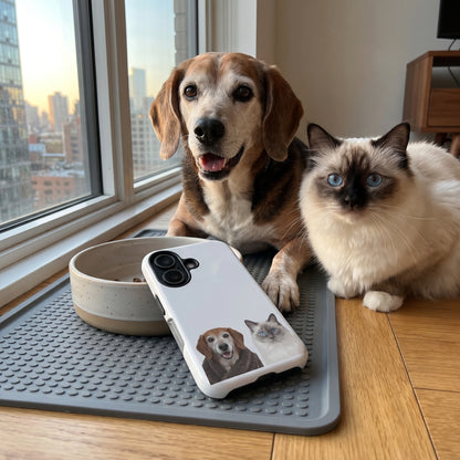 A custom pet tough iPhone case (Glossy) featuring an illustration of Buddy the hound mix & Mittens the Birman cat, in a city apartment with big windows and a city view, with Buddy & Mittens nearby. [ks Finish=Glossy; kind=lifestyle]