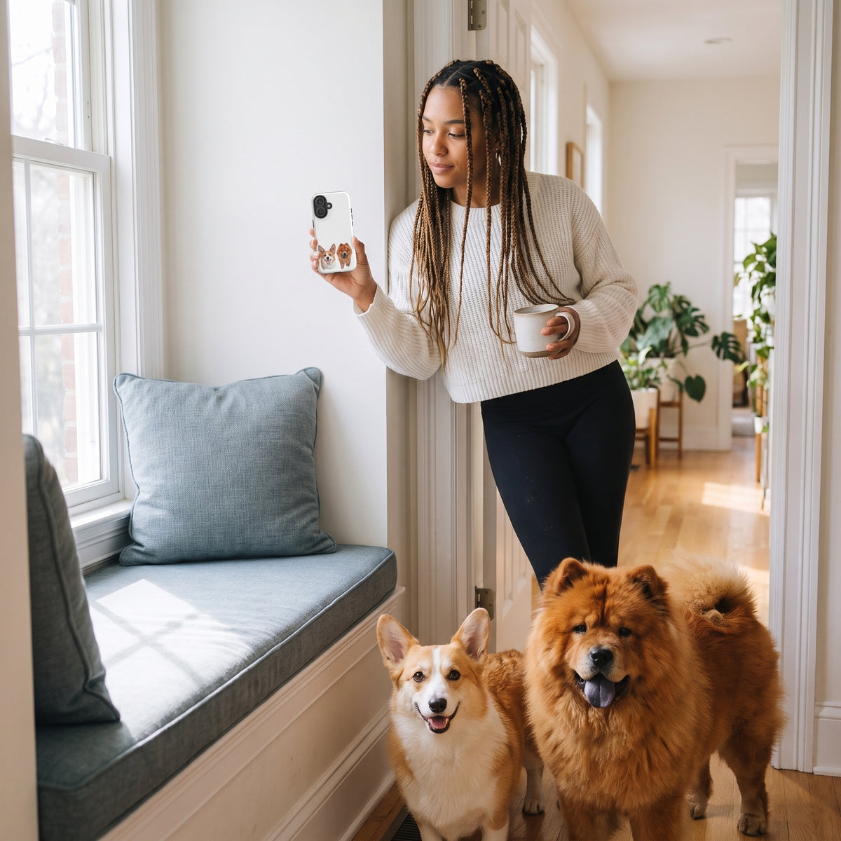 A woman in her 20s with box braids in a cropped white sweater with a custom pet tough iPhone case (Glossy) featuring an illustration of Bailey the Pembroke Welsh Corgi & Simba the Chow Chow, with Bailey & Simba beside them. [ks Finish=Glossy; kind=lifestyle]