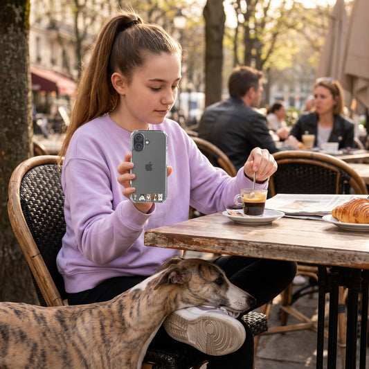A teenage girl with a high ponytail in a lilac sweatshirt with a custom pet clear phone case featuring an illustration of Arrow the Whippet, Sylvester the tuxedo cat, Aurora the Siberian Husky, Bertie the Basset Hound & Daisy the West Highland White Terrier, with Arrow beside them. [ks kind=lifestyle]