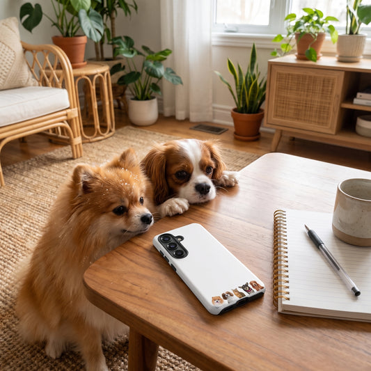 A custom pet Galaxy phone case (Tough Matte) featuring an illustration of Nugget the Pomeranian, Penny the Cavalier King Charles Spaniel, Bandit the Bengal cat, Taco the Chihuahua & Amber the Retriever (Toller type), in a boho living room with rattan, plants and a jute rug, with Nugget & Penny nearby. [ks Style=Tough Matte; kind=lifestyle]