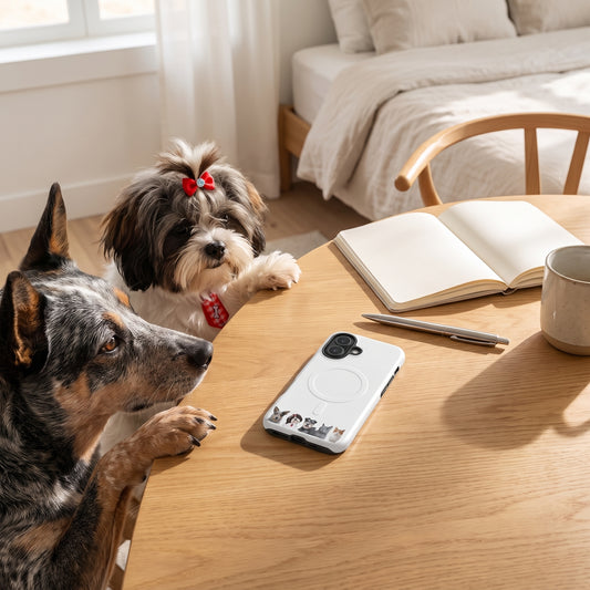A custom pet MagSafe iPhone case (MagSafe Tough Matte) featuring an illustration of Skye the Australian Cattle Dog, Pippin the Shih Tzu, Winston the Miniature Schnauzer, Jade the Russian Blue cat & Milo the ginger-and-white cat, in a sunny Scandinavian bedroom with white walls and oak furniture, with Skye & Pippin nearby. [ks Style=MagSafe Tough Matte; kind=lifestyle]