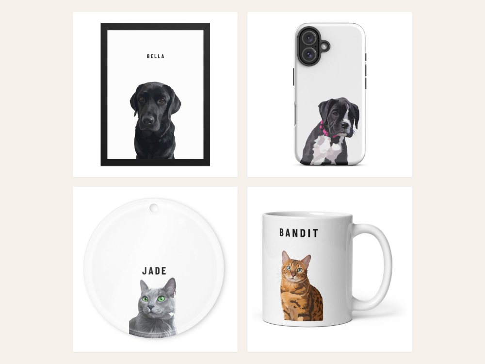 A framed pet portrait, a pet phone case, a pet ornament and a pet mug from Kindred Splendor