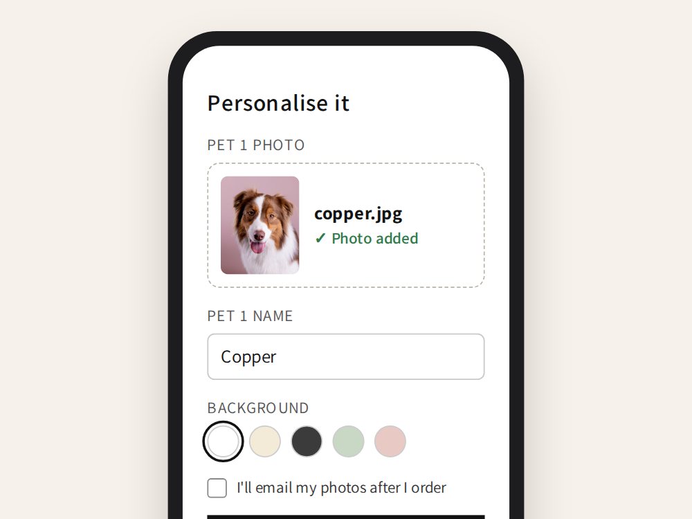 A phone showing a pet photo added on the product page, the pet's name and a background colour