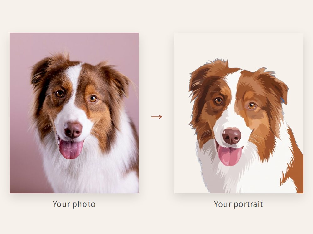 A photo of Copper the Australian Shepherd next to Copper's finished portrait